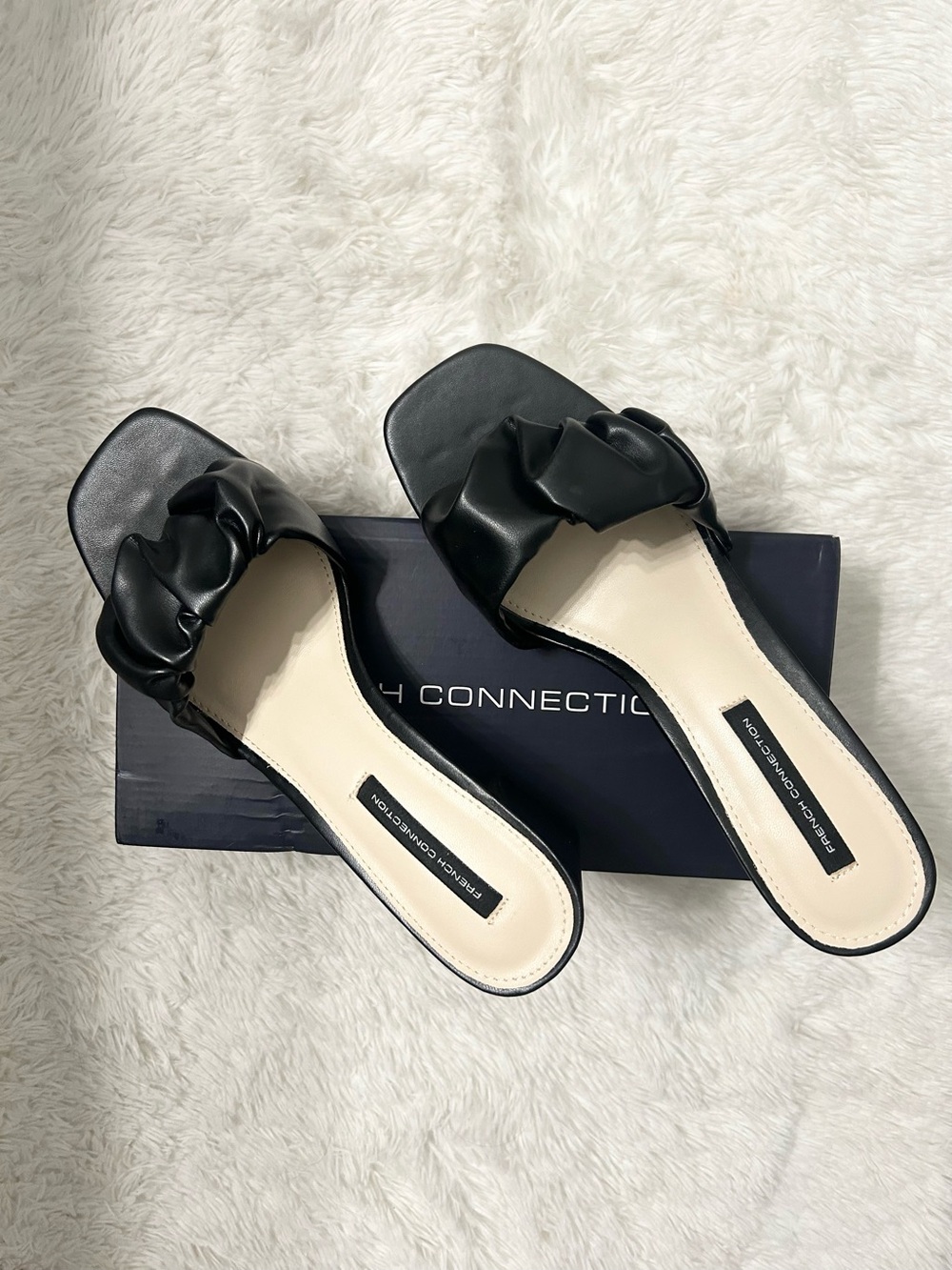 French Connection Black Ruched Slide Sandals